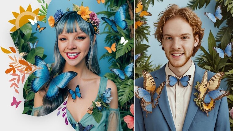 Eine Frau und ein Mann lächeln in die Kamera. Sie tragen Kleidung voller Blumen und Schmetterlinge.