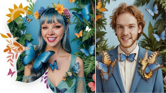 Eine Frau und ein Mann lächeln in die Kamera. Sie tragen Kleidung voller Blumen und Schmetterlinge.